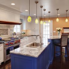 Transitional Kitchen With Electric Blue Island