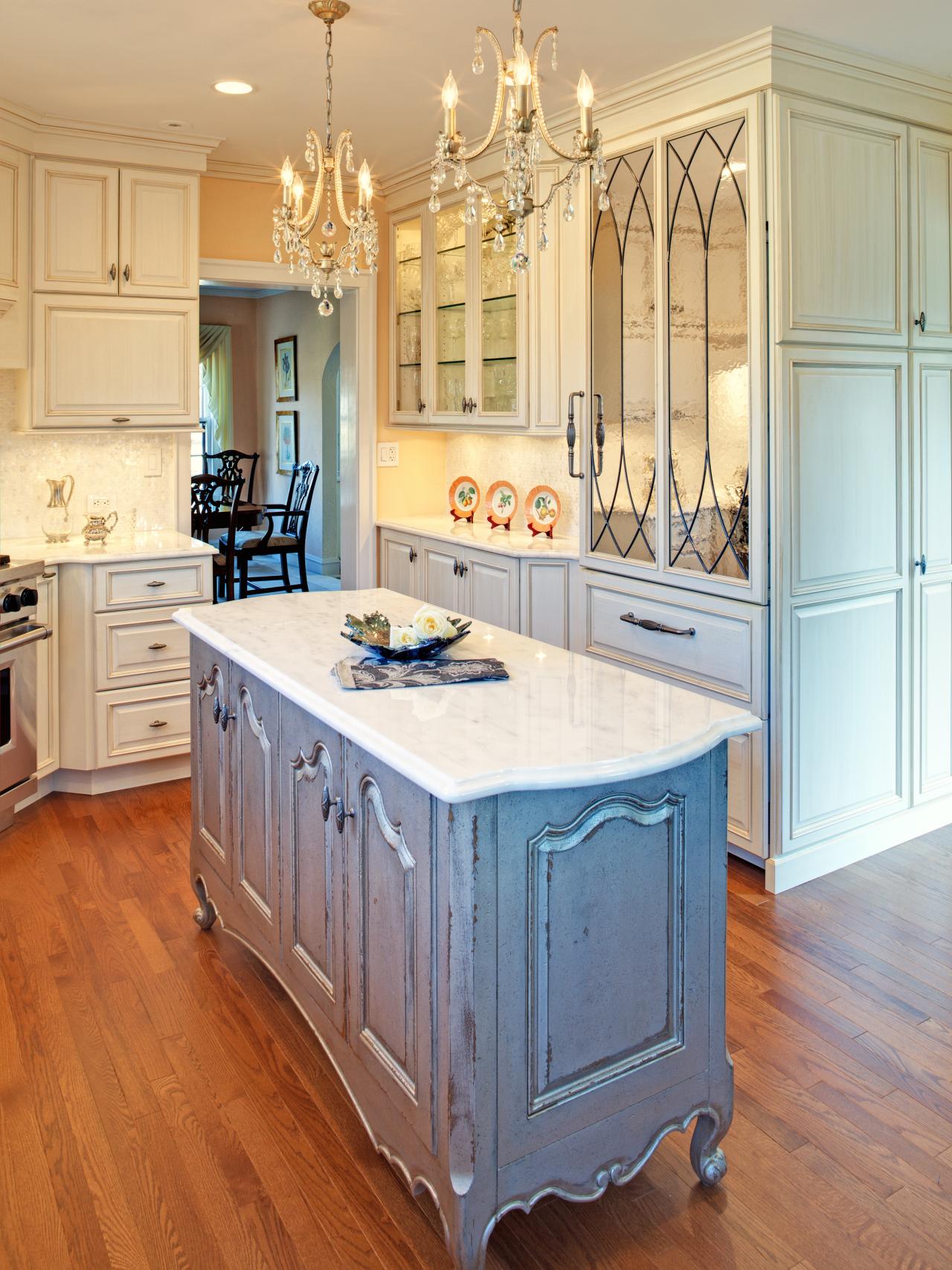 French Country White Kitchen With Blue Gray Distressed Island Hgtv