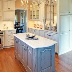 French Country White Kitchen With Blue-Gray Distressed Island