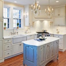 Traditional White Kitchen With Distressed Island