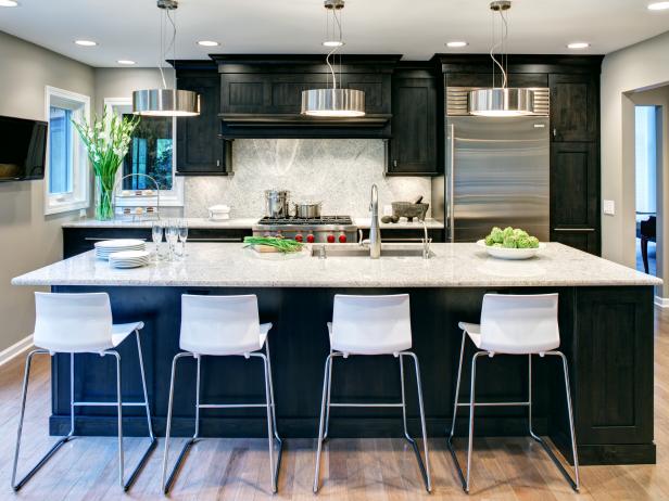 Large Dark Wood Kitchen Island With White Barstools Hgtv