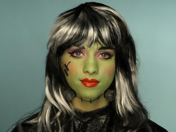 To turn your tween into a hip Frankenstein for Halloween, cover the entire face with green cream makeup. Define brows with a makeup pencil, and cover lids in mauve eyeshadow. Add liner and mascara for older girls.  Next, draw stitch lines on face and neck. Add 3-D prosthetic bolts to neck using spirit gum or liquid latex. Make sure to test for allergies first if your child has never used this product before. Tip: You can get fun prosthetic pieces like these at any Halloween supply or costume shop. Use hair mascara to create black and white stripes, or opt for a pre-styled wig to save time and create a more striking impression. Tip: Don't forget to bobby-pin the wig on so it stays put through playtime and trick-or-treating. Finish the look with a plaid ensemble and fashionable accessories.