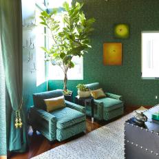 Eclectic Green-Wallpapered Seating Area