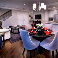 Neutral Transitional Dining and Living Room With Black and Red Accents