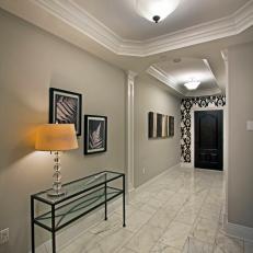 Transitional Entryway With Tray Ceiling and Marble Floors