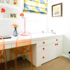 White Contemporary Home Office with Orange, Yellow, and Blue Accents