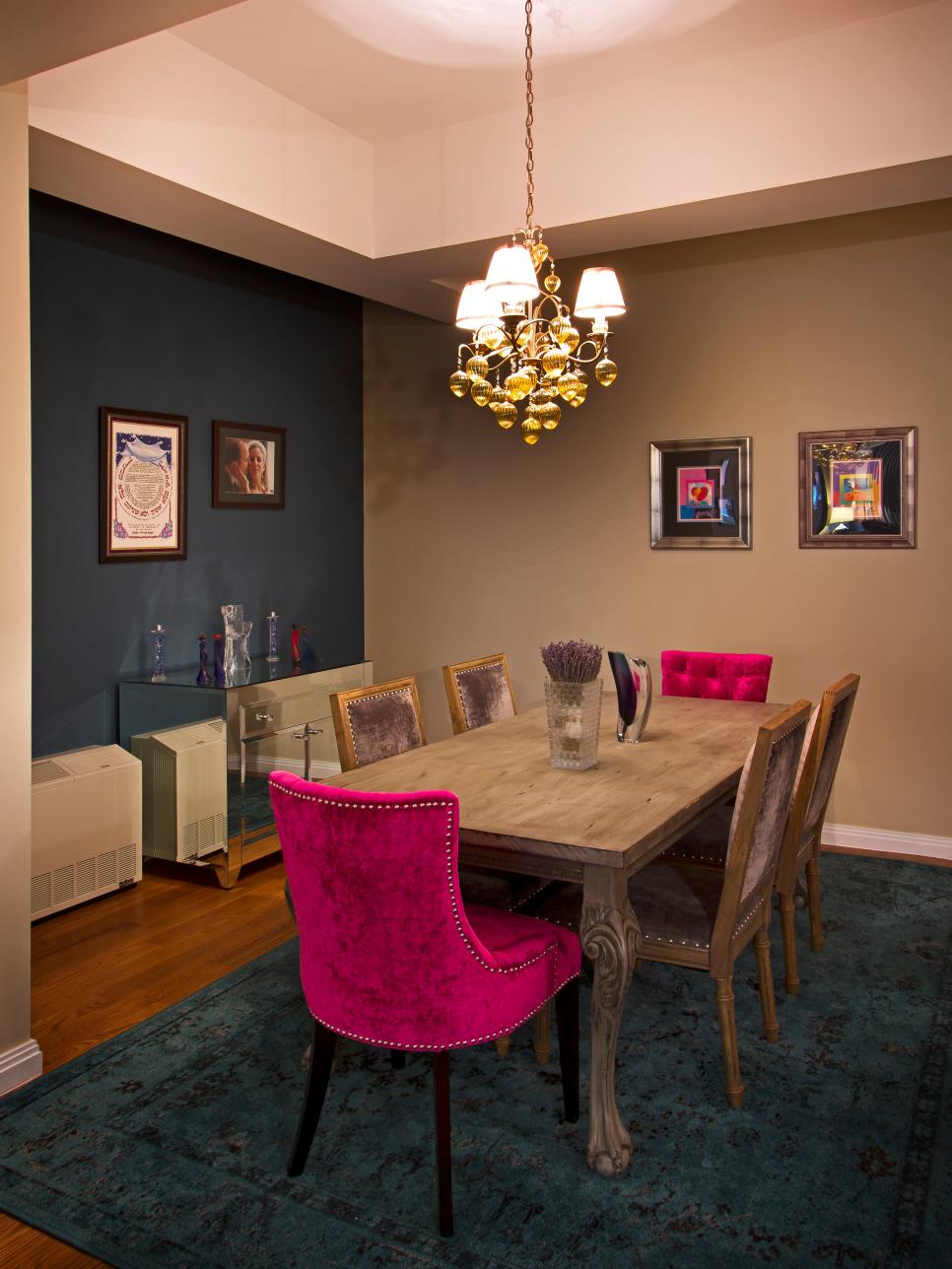 Glamorous Dining Room With Fuchsia Dining Chairs | HGTV