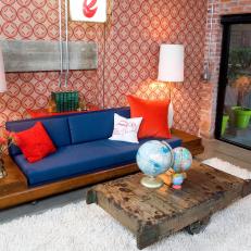 Eclectic Red Living Room With Blue Sofa