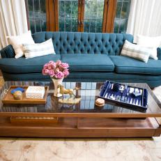 Traditional Living Room with Blue Tufted Sofa 