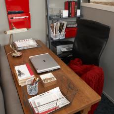 Modern Gray and Red Home Office with Bookshelf
