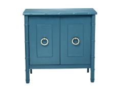 Faux bamboo cabinet painted blue with solid brass rings. 