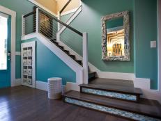 Blue Foyer With Tile Stair Risers