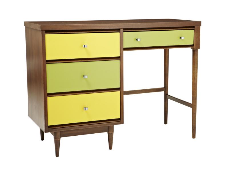 Desk with yellow and green drawers. 