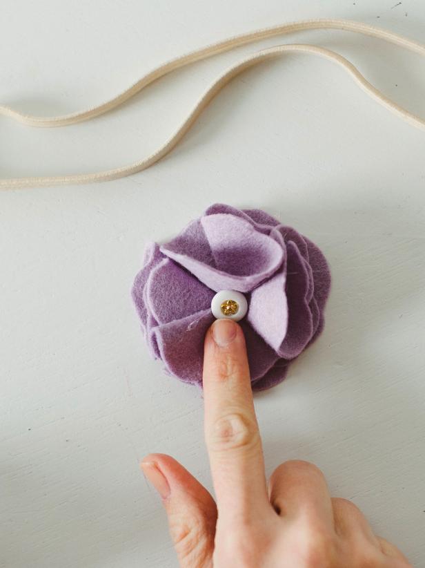 Attaching Button to Center of Purple Felt Flower