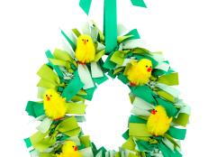 Ribbon wreath with chenille chicks for Easter.