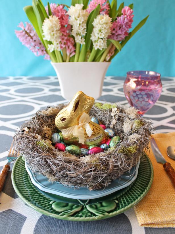 Bring spring indoors with an easy-to-craft decorative bird's nest you can whip up while watching your favorite show. Fill the realistic-looking nest with painted robin's eggs, dyed eggs or Easter candy. Get crafting with our <a target=&quot;blank&quot; href=&quot;http://www.hgtv.com/design/make-and-celebrate/handmade/how-to-craft-a-faux-birds-nest-with-robins-eggs&quot;>step-by-step instructions</a>.