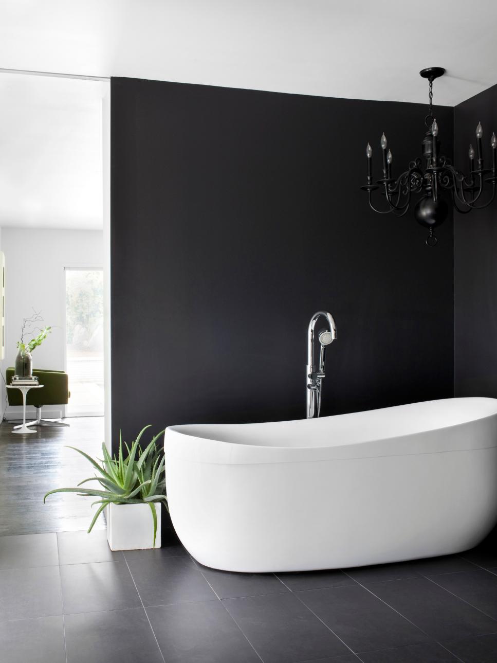 Modern Bathroom With Black Wall and Chandelier | HGTV