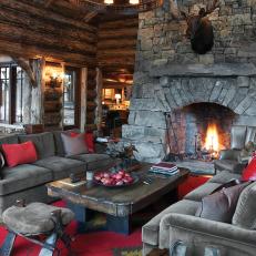 Stacked Stone Fireplace in Rustic Living Room