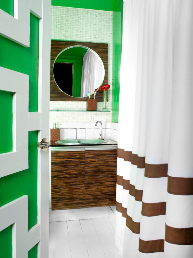 Kelly Green Bathroom With Contemporary Wood Vanity