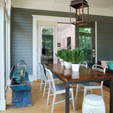 Transitional Outdoor Dining Area With Antique Blue Bench