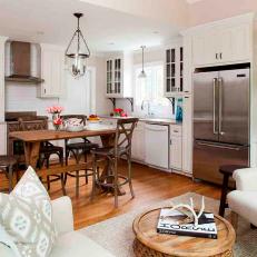 Transitional White Eat-in Kitchen and Living Area 