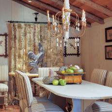 French Country Dining Room With Rustic Wood Ceiling