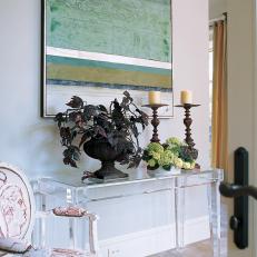 Lucite Console Table in White Hallway