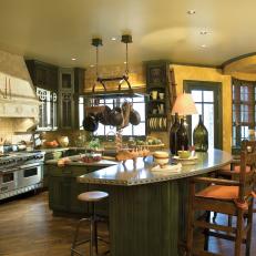 French Country Kitchen With Green Cabinets 