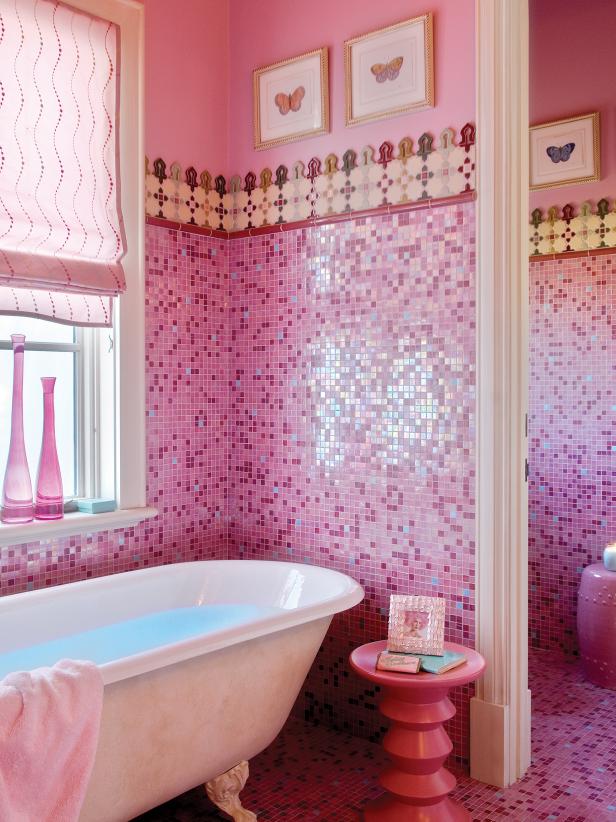 Pink bathroom with mosaic tile