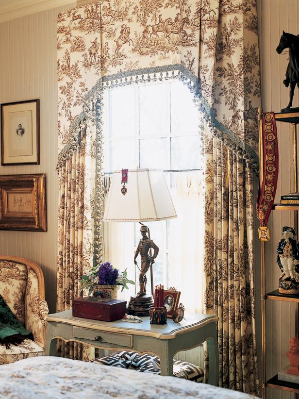 Victorian Bedroom With Patterned Window, Antique Blue Curtains