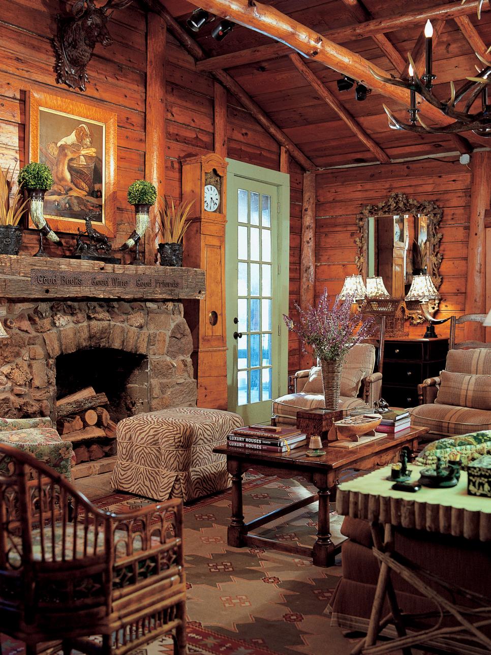 fireplace cabin stone hgtv rustic living country faudree craftsman charles rooms log interiors mantel cabins french furniture cottage decor fireplaces