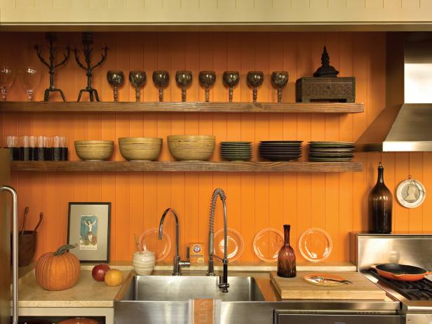 Orange Country-Style Kitchen With Open Shelving | HGTV