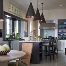 Blue Coastal Eat-In Kitchen With Cone Pendant Lights