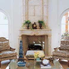 Bright and Airy Transitional Sitting Room With Stone Fireplace
