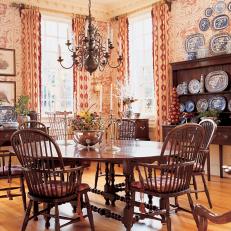 French Country Dining Room With Toile Wallpaper
