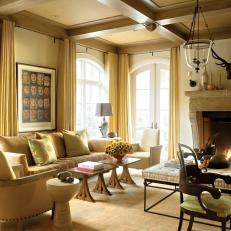 Neutral Sitting Room With Coffered Ceiling