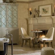 Neutral Bathroom With Fireplace and Sitting Area