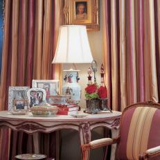 Pink and White French Table and Striped Curtains