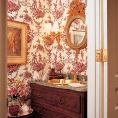 Victorian Powder Room with Red Floral Wallpaper