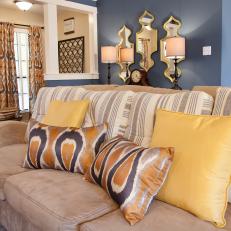 Transitional Blue Living Room With Ikat Pillows