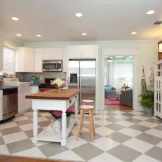 Cottage Kitchen With Gray and White Checkered Floor