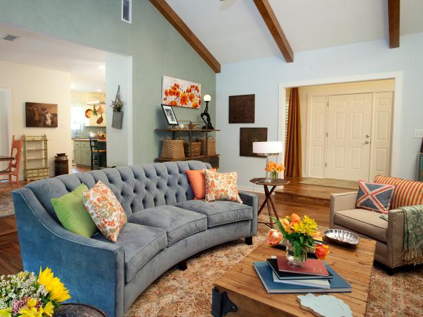 Neutral Eclectic Living Room With Exposed Beams 