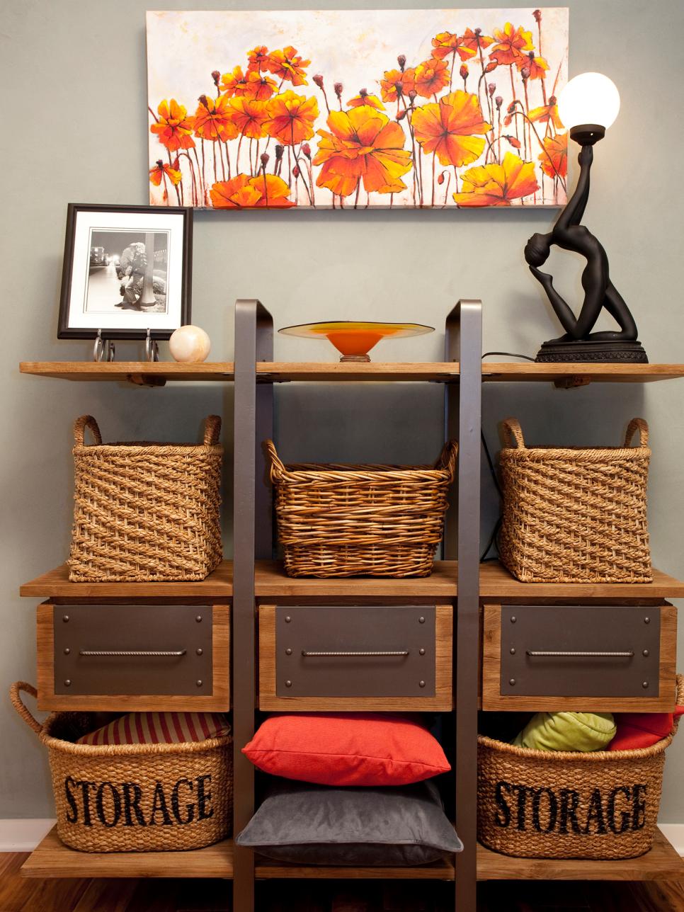 storage shelf baskets on Wood And Metal Shelf With Storage Baskets Hgtv
