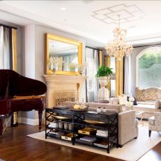 Glamorous Gold & Gray Living Room With Piano