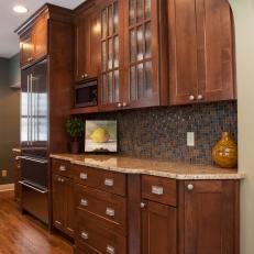 Transitional Kitchen Cabinets With Mosiac Tile Backsplash