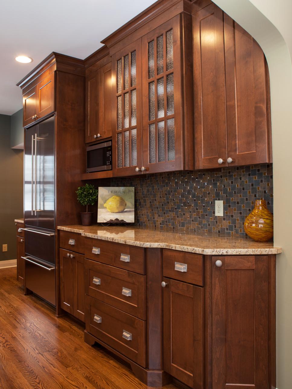 Transitional Kitchen Cabinets With Mosiac Tile Backsplash ...