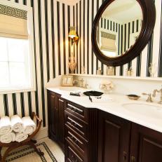 Black and White Striped Bathroom With Dark Brown Accents