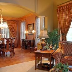 Traditional Living & Dining Room With Red Accents