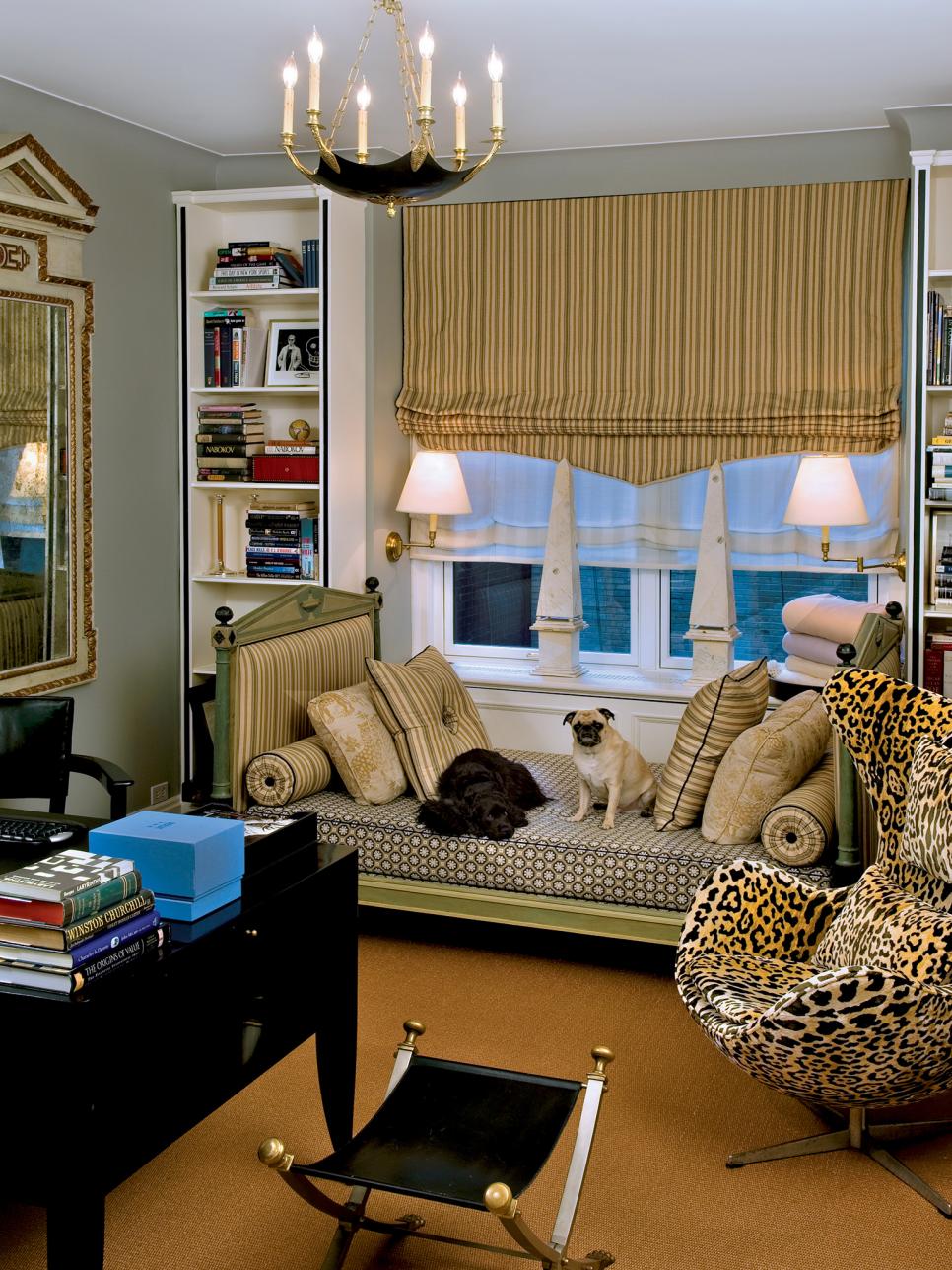 Green Home Office With Daybed and Leopard Chair | HGTV