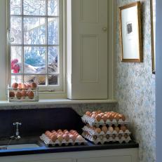 White Country Kitchen with Blue Floral Wallpaper